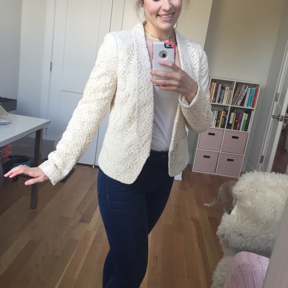 LOFT Cream Crochet Lace Blazer - Picture 2 of 12